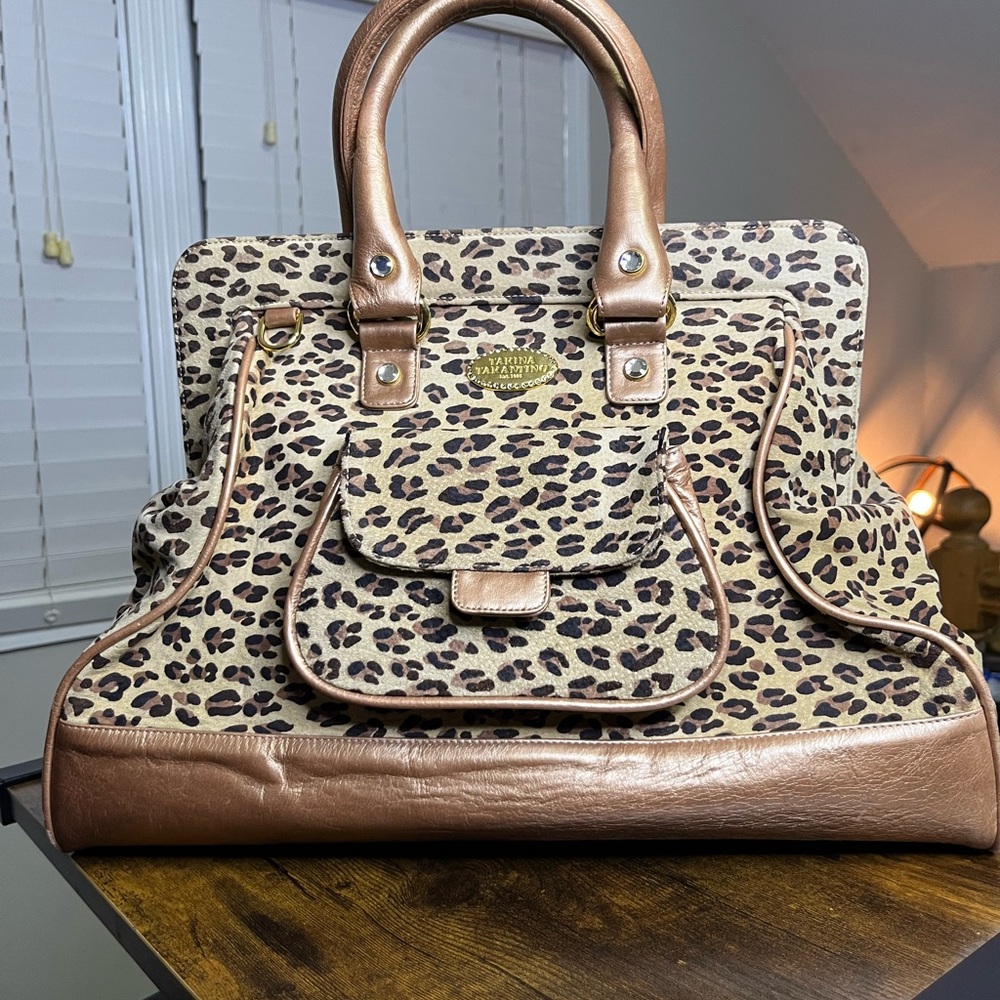 Tarina Tarantino Leopard Print Tote with Metallic Bronze Accents
